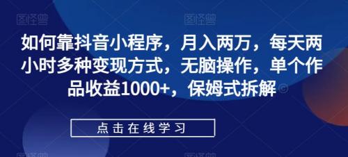 如何靠抖音小程序，月入两万，每天两小时多种变现方式，无脑操作，单个作品收益1000 ，保姆式拆解